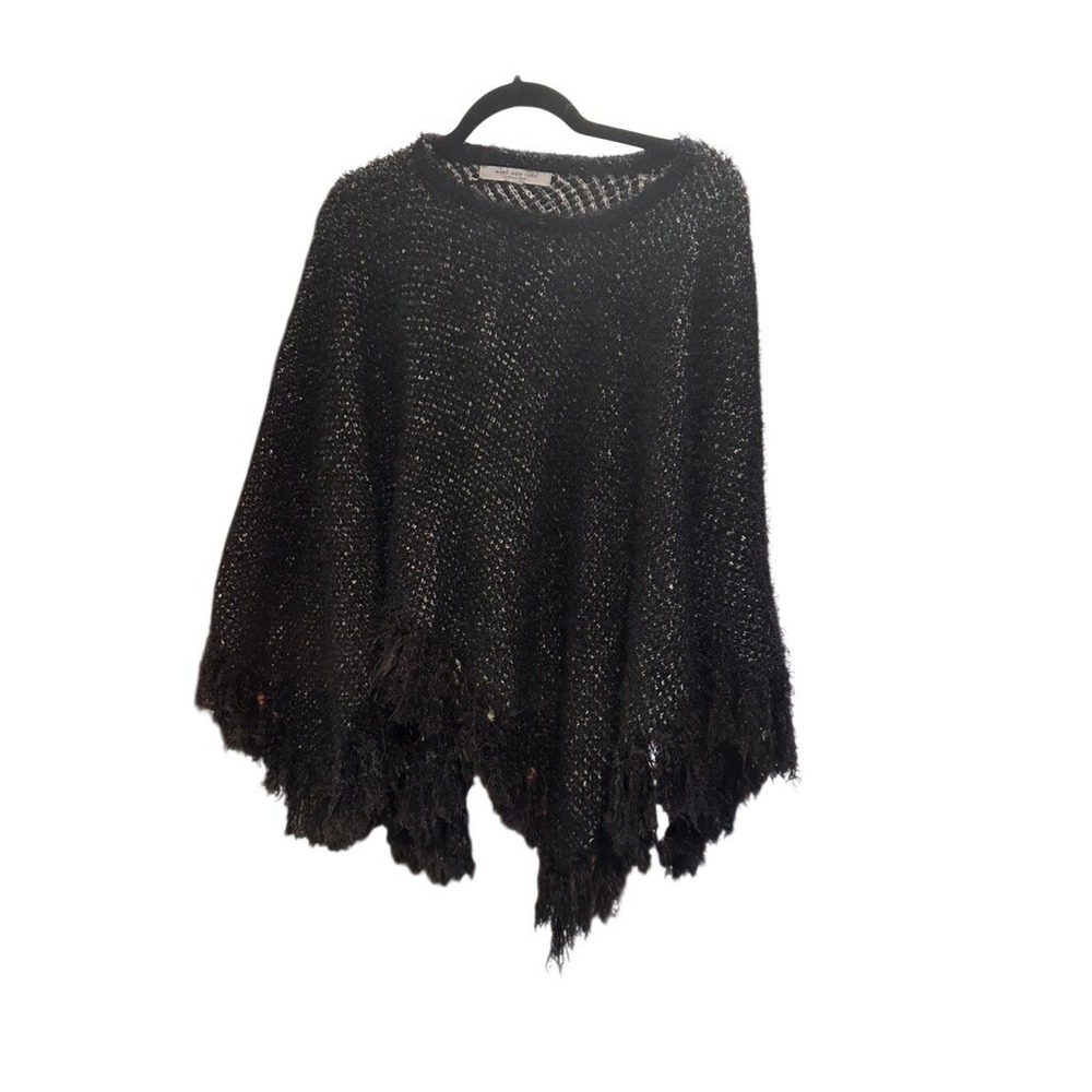 Marc‎ New York Andrew Marc Womens Black Knit Fringe Poncho Sweater Wrap One Size